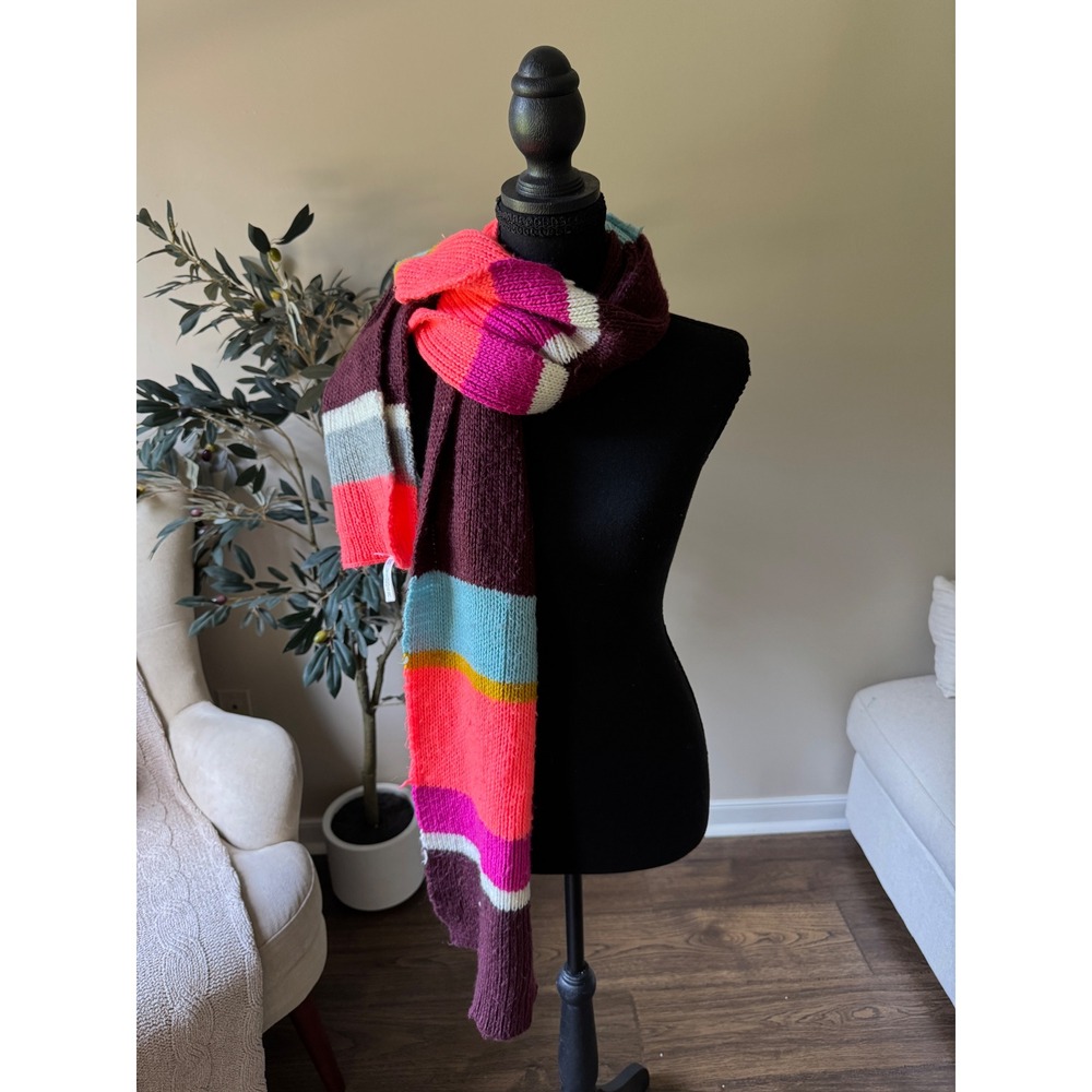 Aeropostale Womens Multi Color Striped Knit Scarf Burgundy Pink Teal Chunky Long